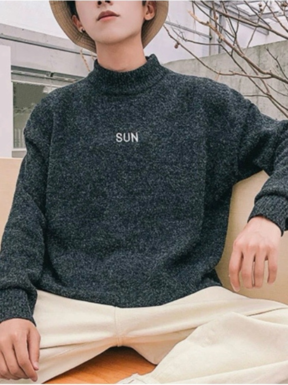 Men's SUN Embroidered Charcoal Turtleneck Sweater